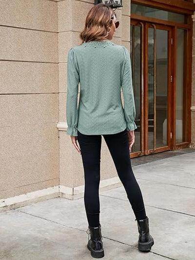 Lace Detail Eyelet V-Neck Flounce Sleeve Blouse for Women - Selvanelle