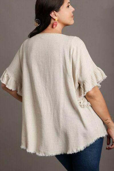 Umgee Full Size Raw Hem Ruffle Short Sleeve Blouse Plus Size - Selvanelle