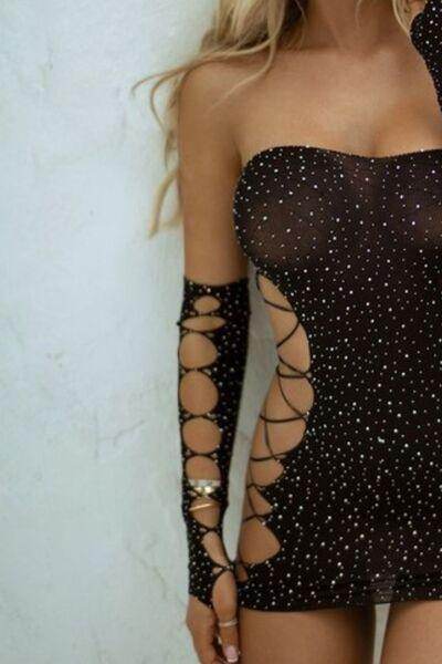 Yelete Rhinestone Lace Up Body Stocking with Gloves Set - Selvanelle