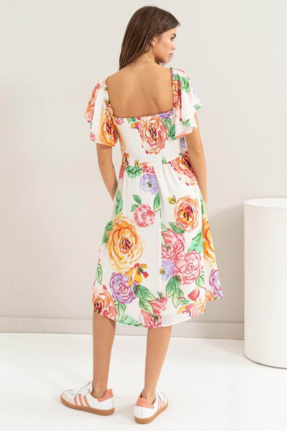 HYFVE Floral Flutter Sleeve Smocked Dress for Women - Selvanelle
