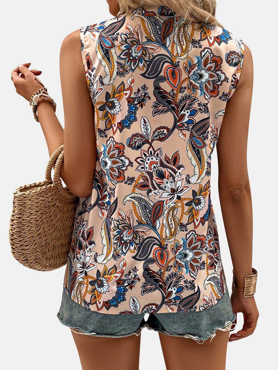Printed Notched Sleeveless Top for Women in Various Sizes - Selvanelle