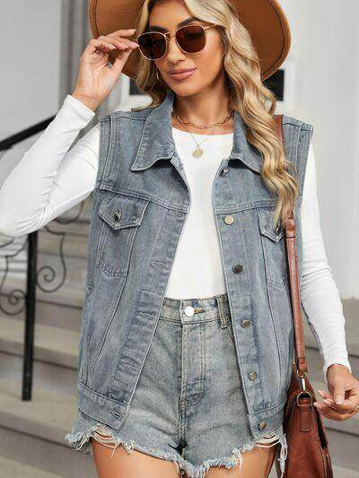 Pocketed Button Up Sleeveless Denim Jacket for Women - Selvanelle