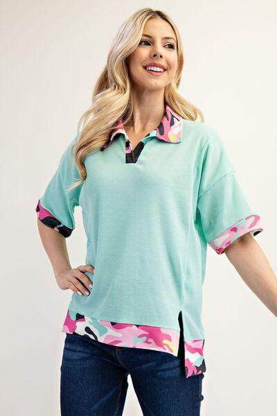 Celeste Full Size Camouflage Trim Waffle Side Slit Top Plus Size - Selvanelle