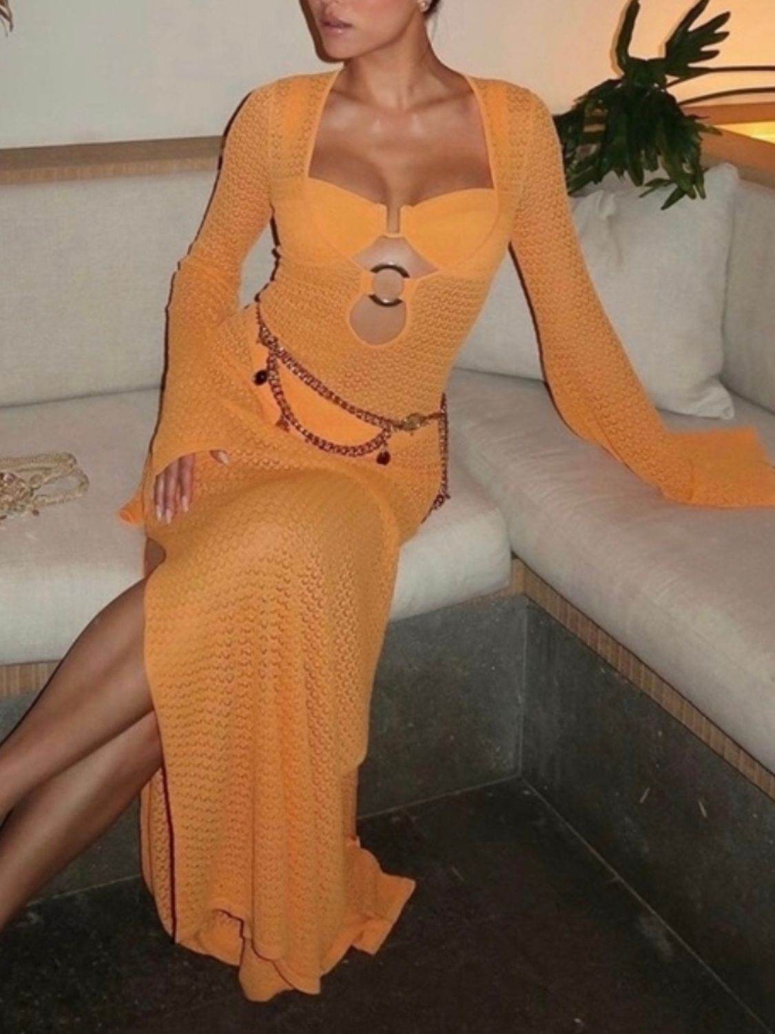 Slit Plunge Flare Sleeve Cover-Up Dress - Selvanelle