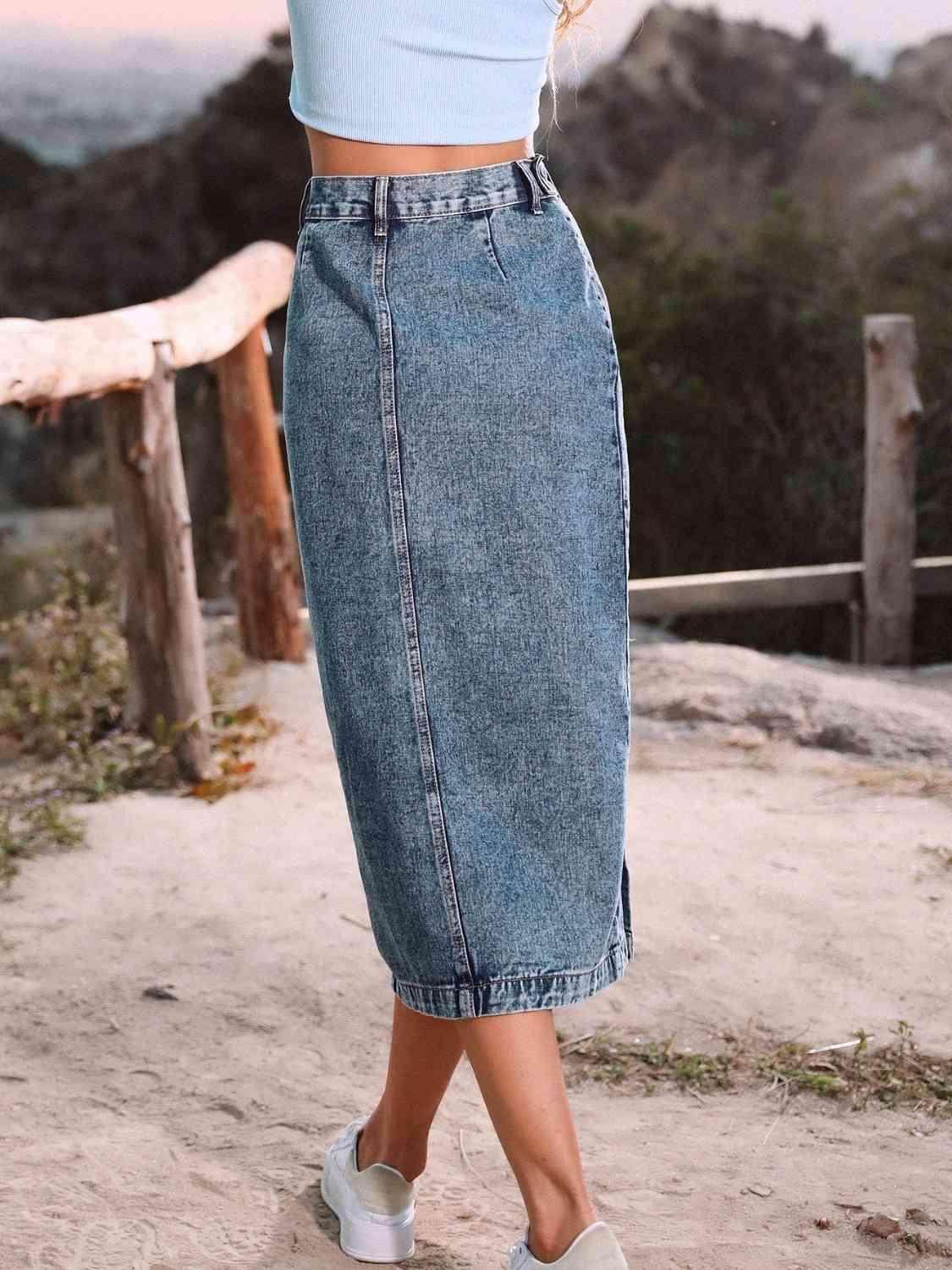 Button Down Denim Skirt for Women in Various Sizes - Selvanelle