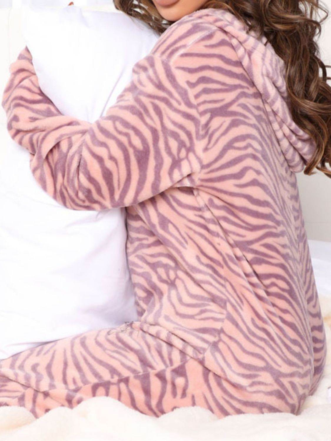 Printed Zip Up Long Sleeve Hooded Lounge Jumpsuit - Selvanelle