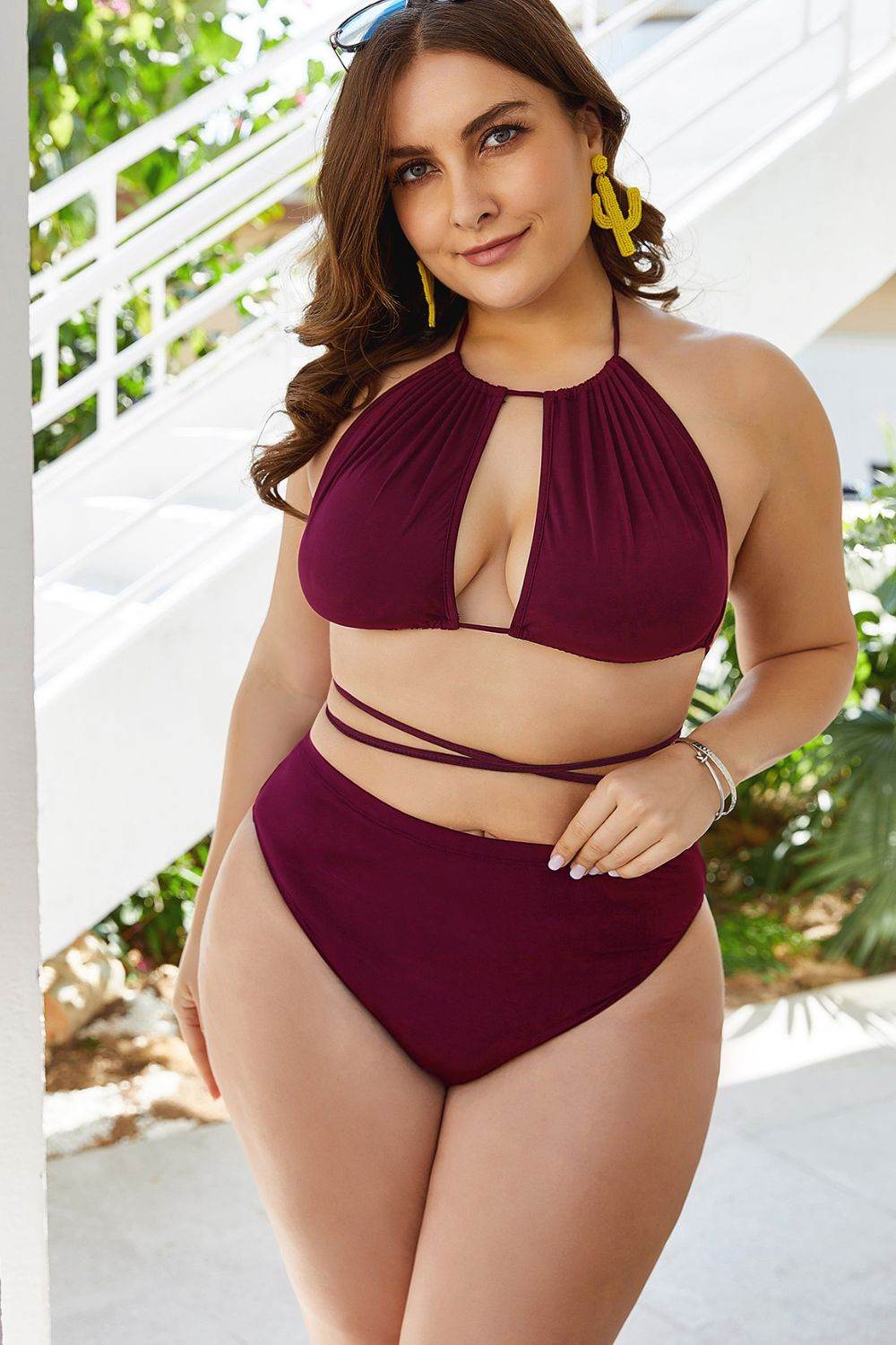 Plus Size Cutout Tied Backless Bikini Set - Selvanelle