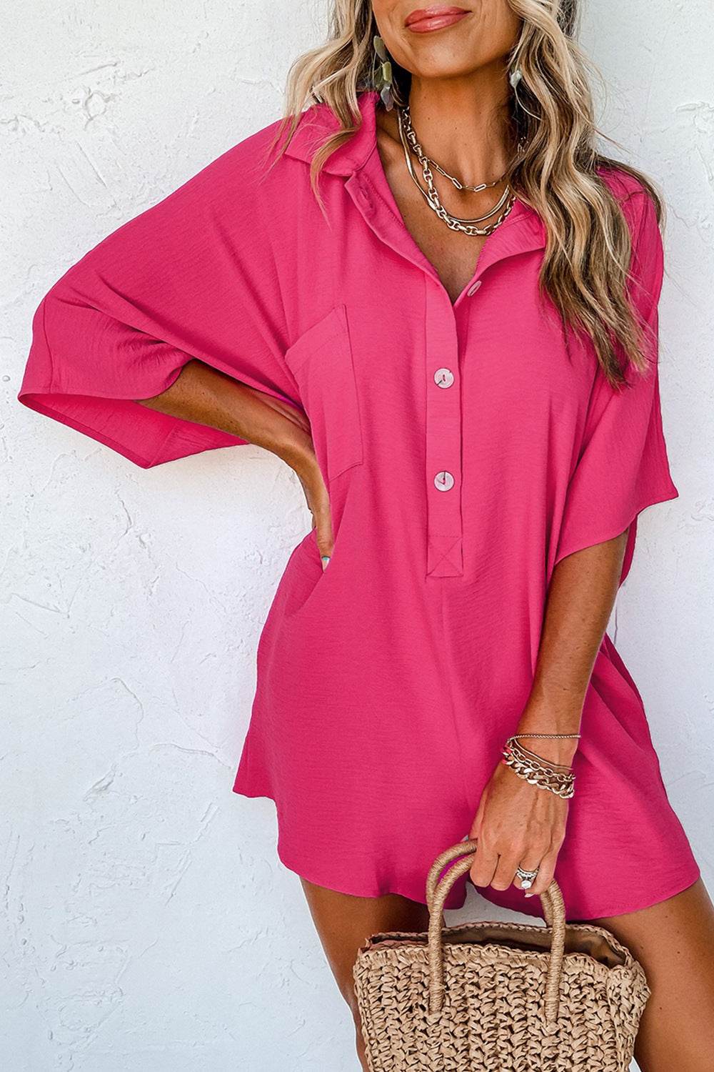 Half Button Collared Neck Romper - Selvanelle