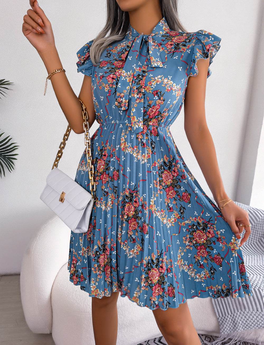 Pleated Floral Printed Tie Neck Knee Length Dress - Selvanelle