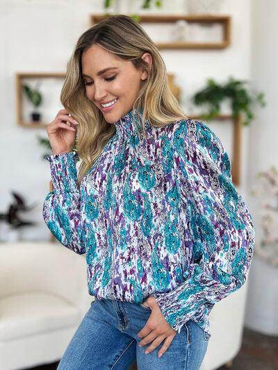 Double Take Full Size Printed Smocked Long Sleeve Blouse - Selvanelle