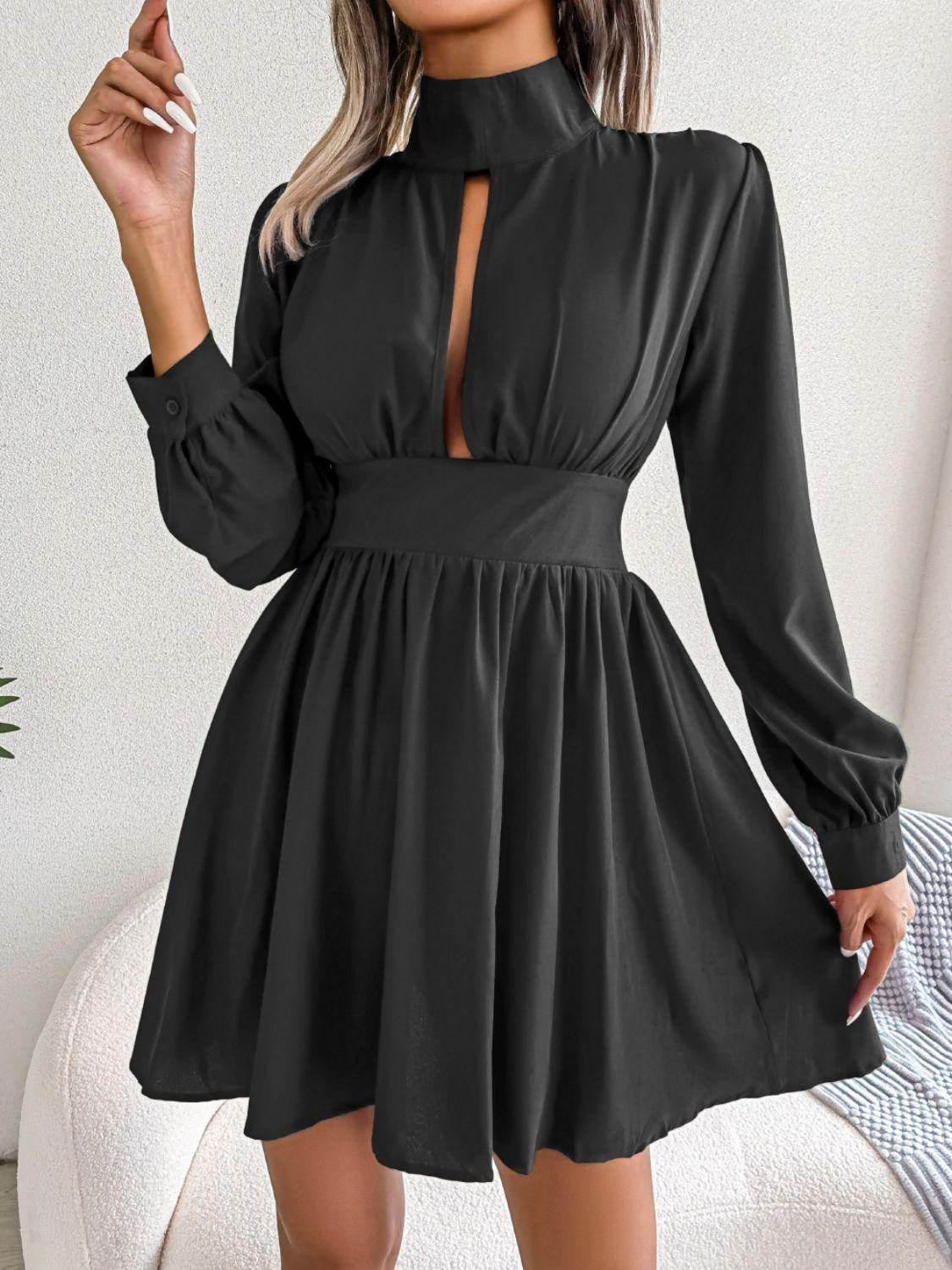 Cutout Turtleneck A-Line Mini Dress for Casual Wear - Selvanelle