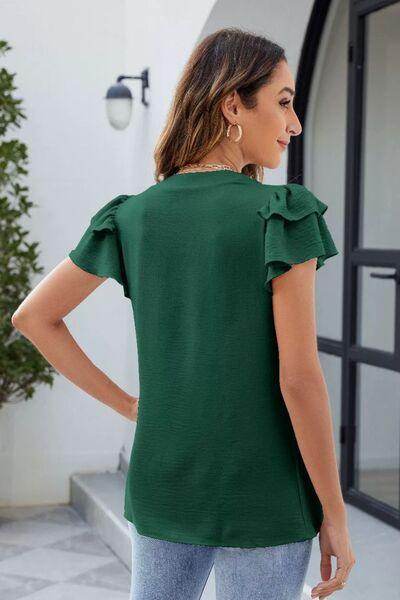 Ruffled Notched Short Sleeve Blouse for Women Stylish Wear - Selvanelle