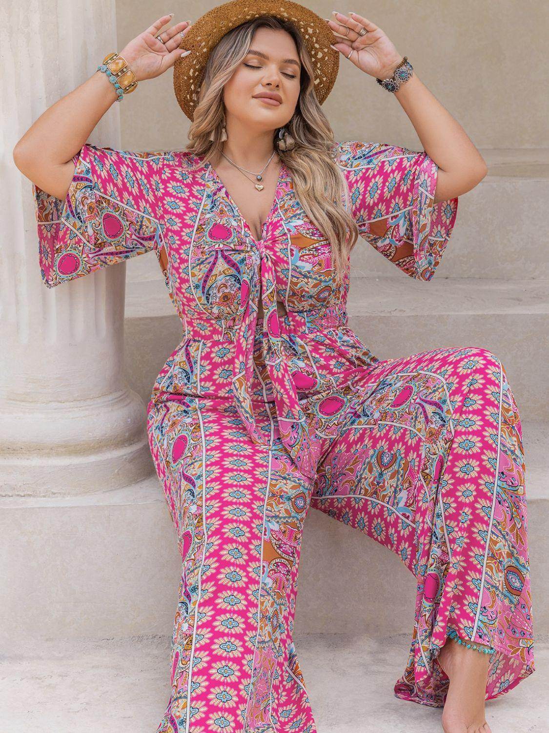 Plus Size Printed Half Sleeve Wide Leg Jumpsuit for Women - Selvanelle