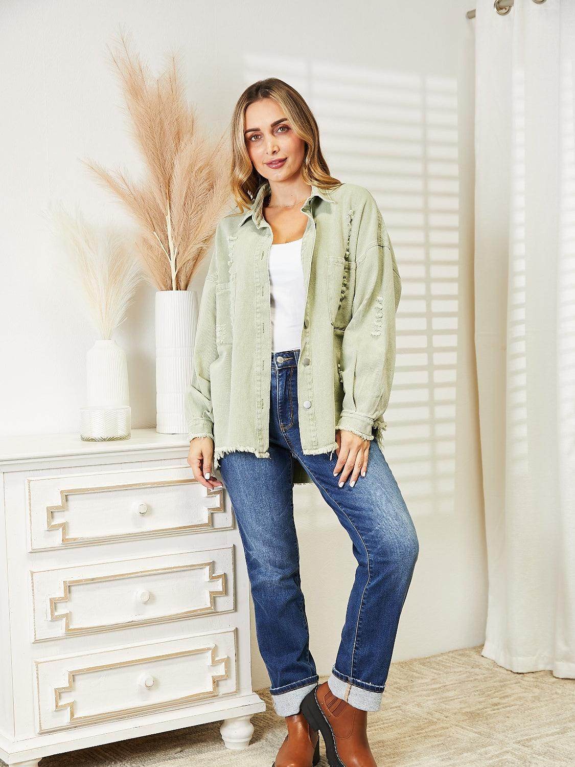 Distressed Raw Hem Denim Jacket for Relaxed Fit Style - Selvanelle
