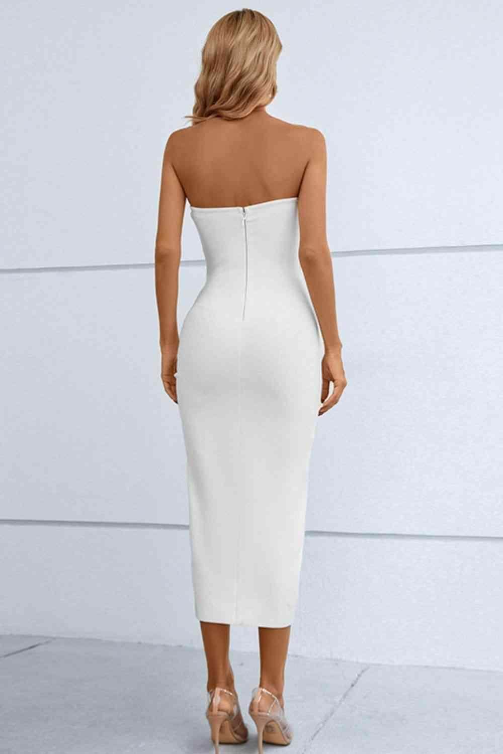 Cutout Strapless Drawstring Detail Split Bandage Dress - Selvanelle