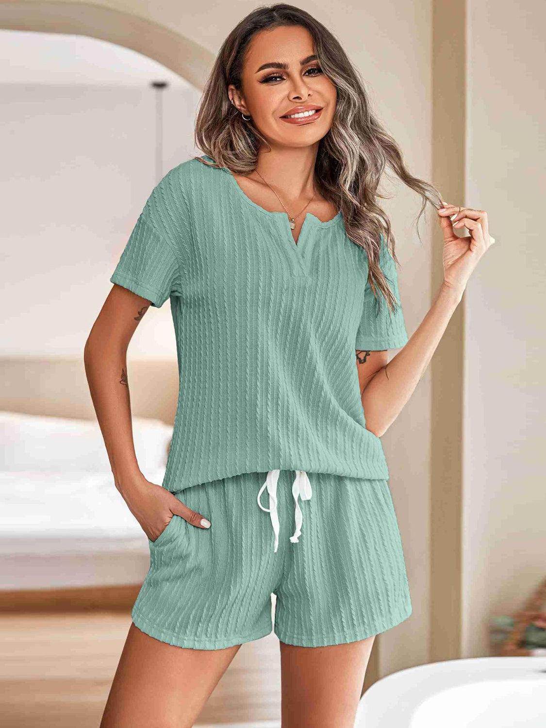 Notched Short Sleeve Top and Shorts Set for Women - Selvanelle