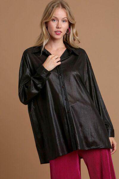 Umgee Side Slit Button Up Long Sleeve Shirt for Women - Selvanelle