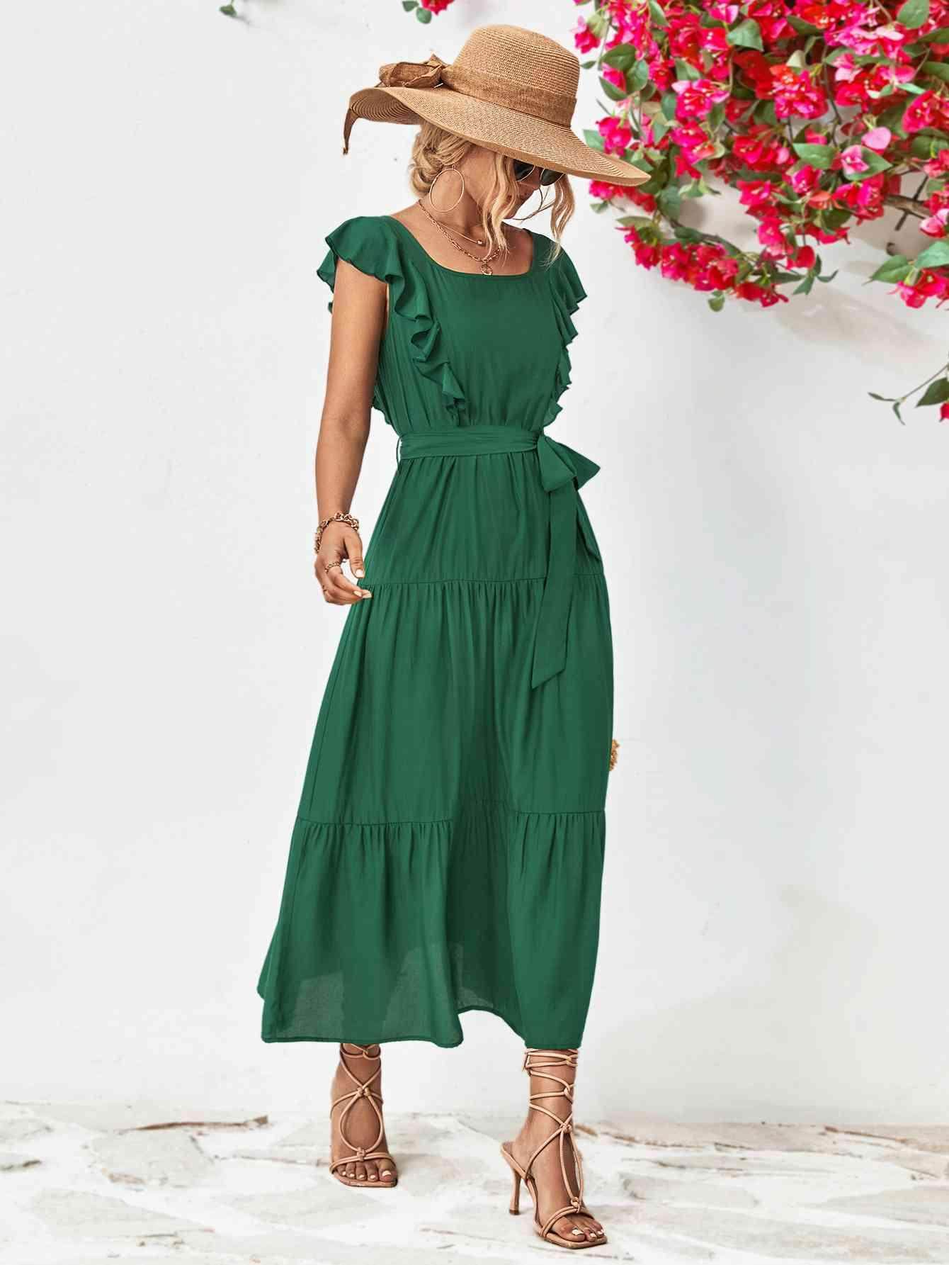 Tie Belt Ruffled Tiered Dress for Chic Midi Style - Selvanelle