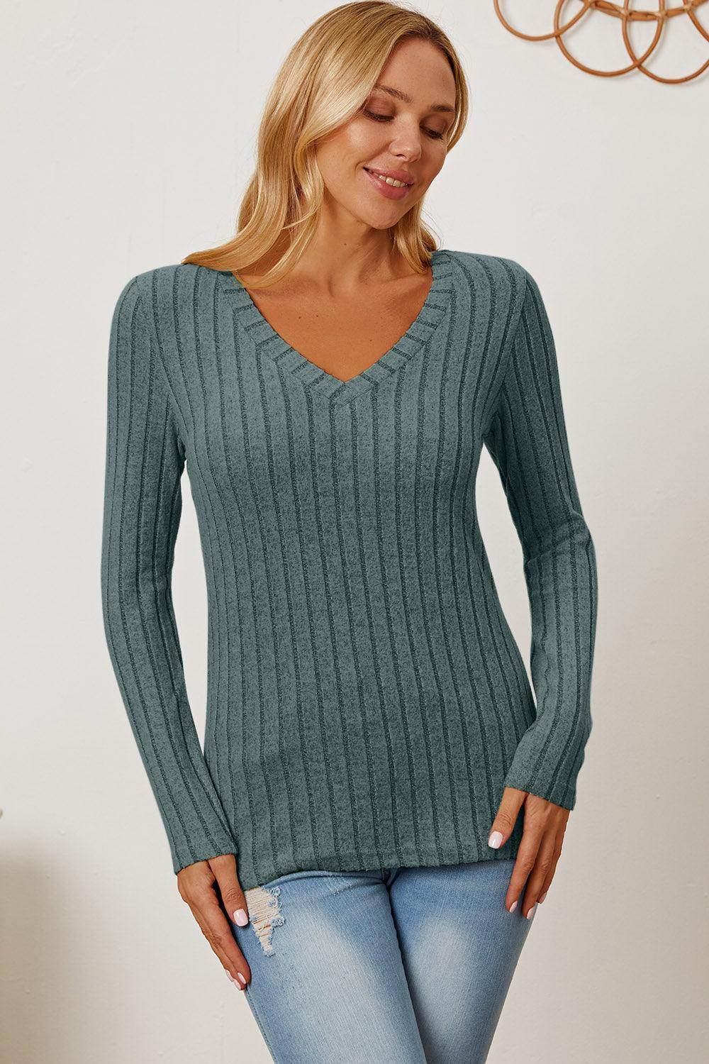 Basic Bae Full Size Ribbed V-Neck Long Sleeve T-Shirt - Selvanelle
