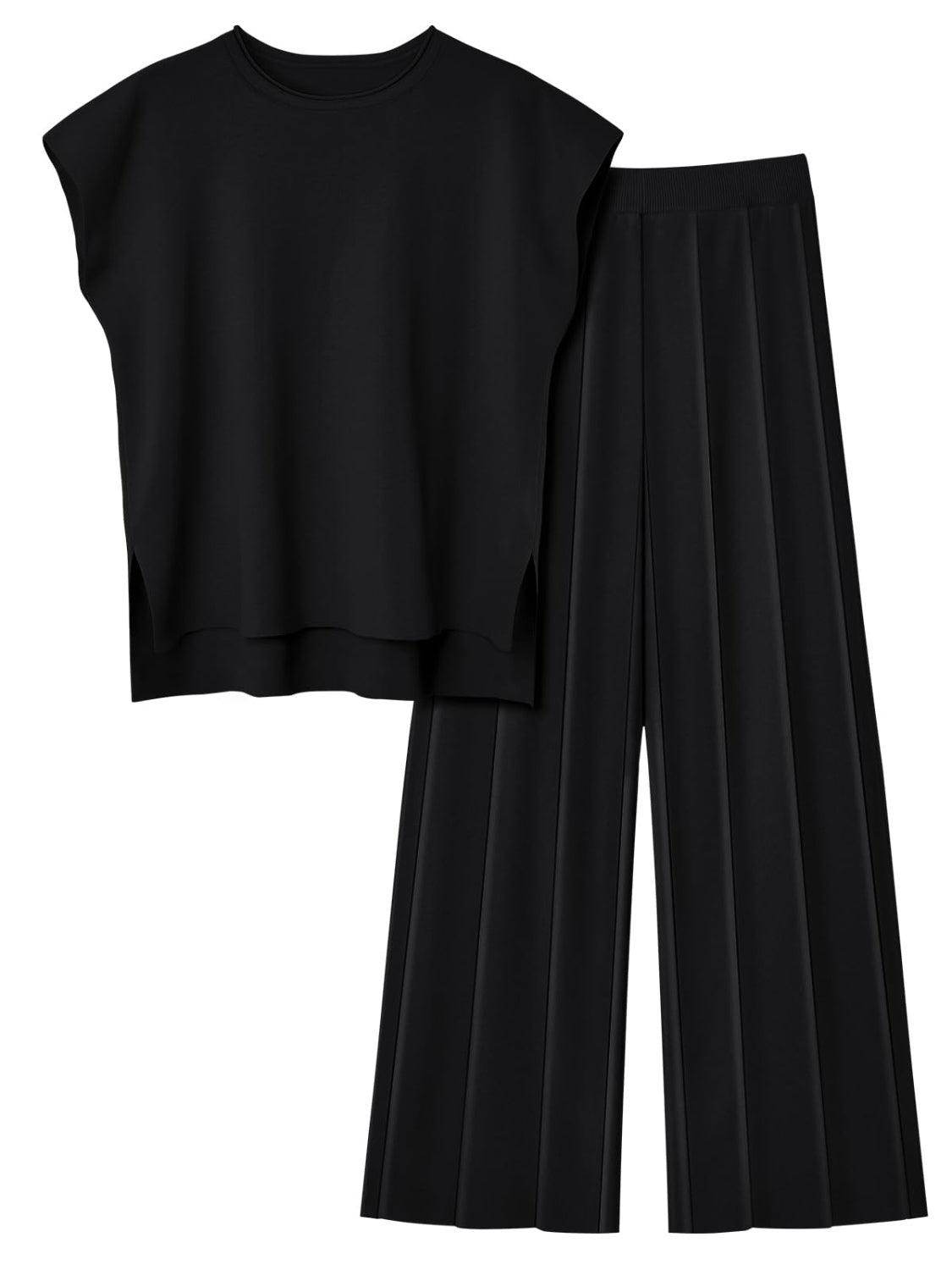 Round Neck Cap Sleeve Top and Pants Knit Set for Women - Selvanelle