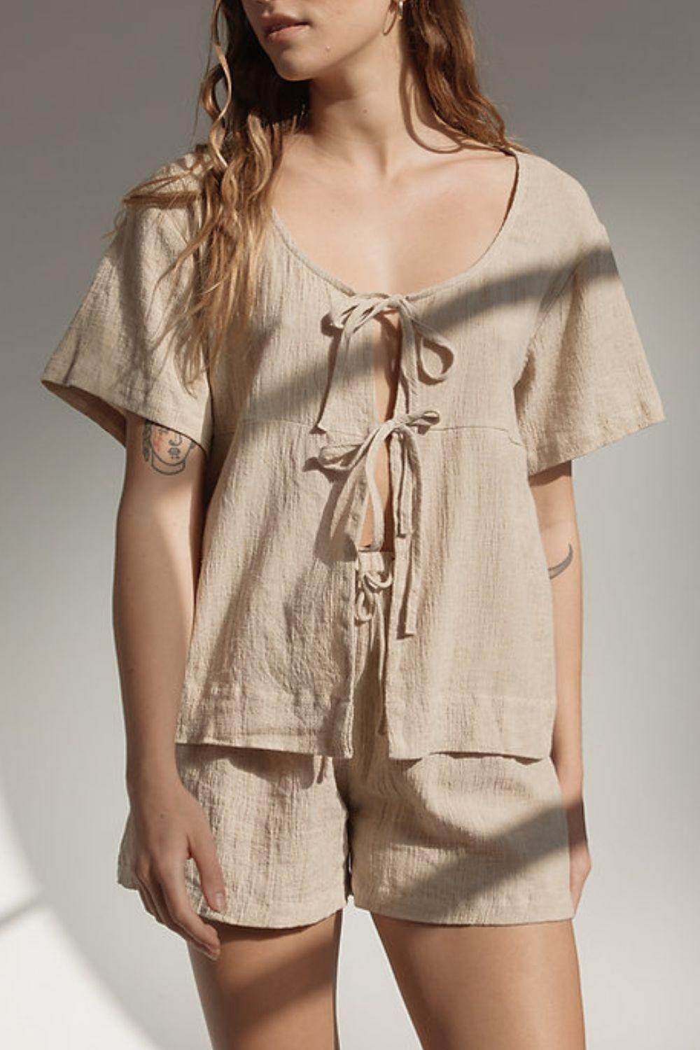 Plaid Tied Scoop Neck Short Sleeve Top and Drawstring Shorts Set - Selvanelle