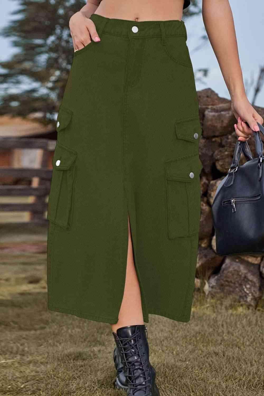 Slit Front Midi Denim Skirt with Pockets for Women - Selvanelle