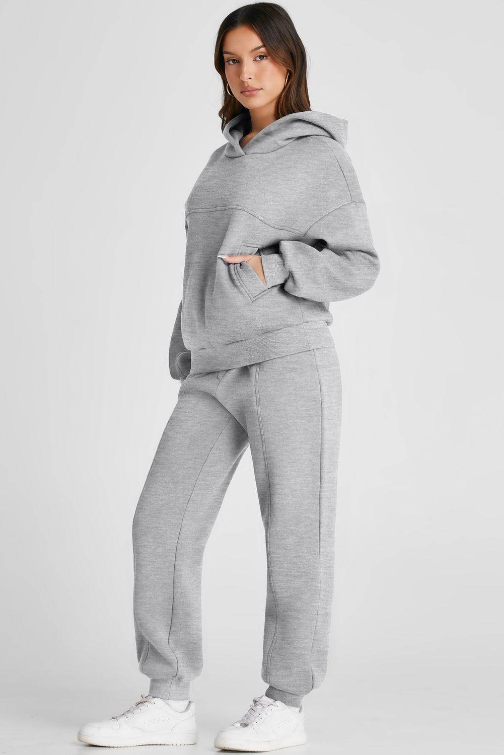 Dropped Shoulder Long Sleeve Hoodie and Pants Active Set - Selvanelle