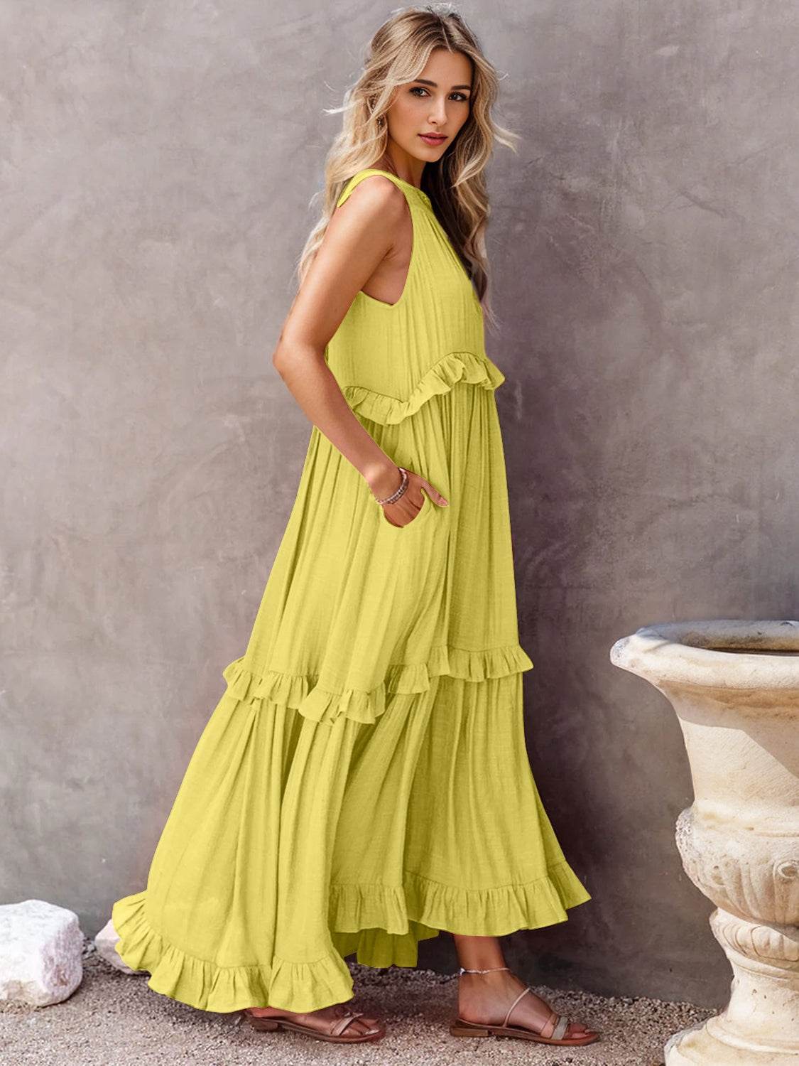 Ruffled Sleeveless Tiered Maxi Dress with Pockets - Selvanelle