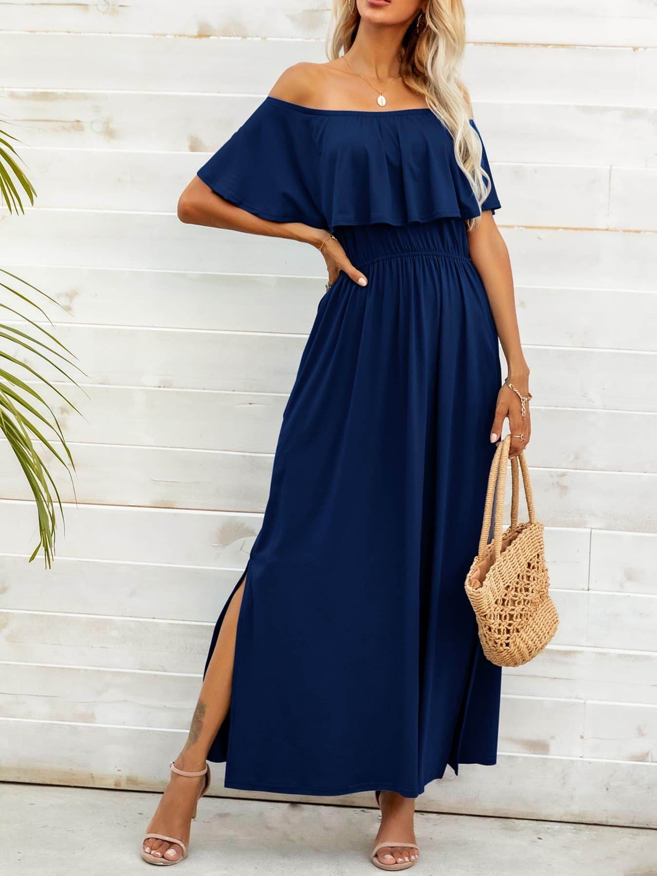 Off-Shoulder Slit Maxi Dress for Elegant Summer Style - Selvanelle