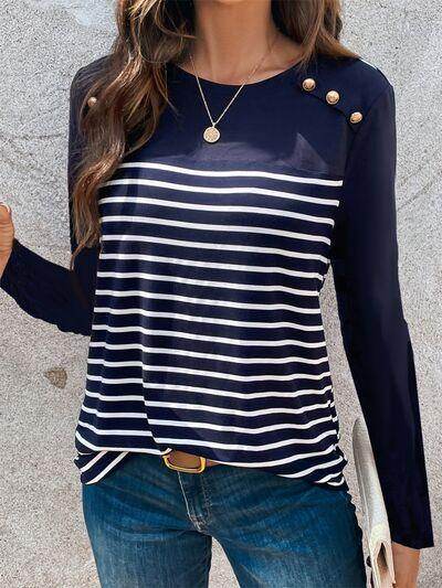 Decorative Button Striped Round Neck Long Sleeve T-Shirt - Selvanelle