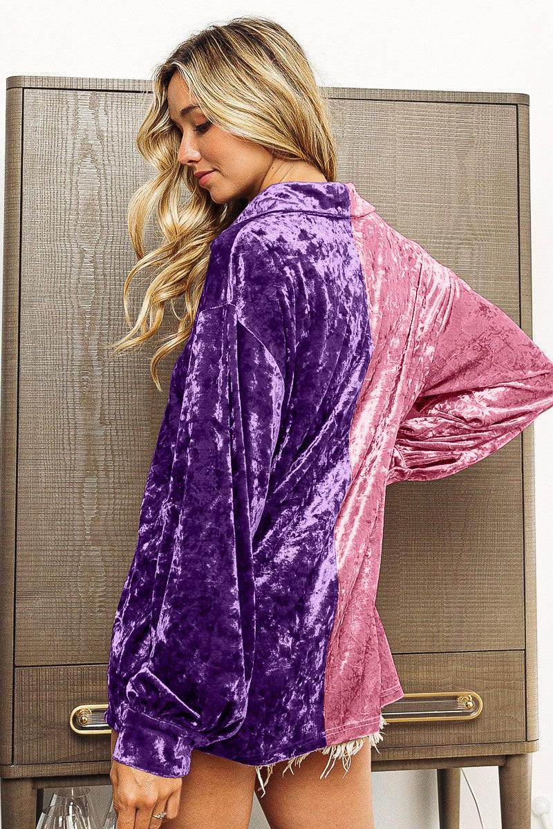 BiBi Contrast Button Up Long Sleeve Shirt for Women - Selvanelle