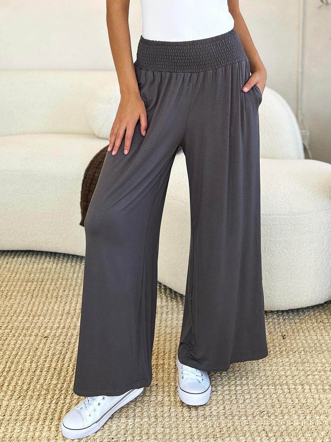 Double Take Full Size Smocked Wide Waistband Wide Leg Pants - Selvanelle