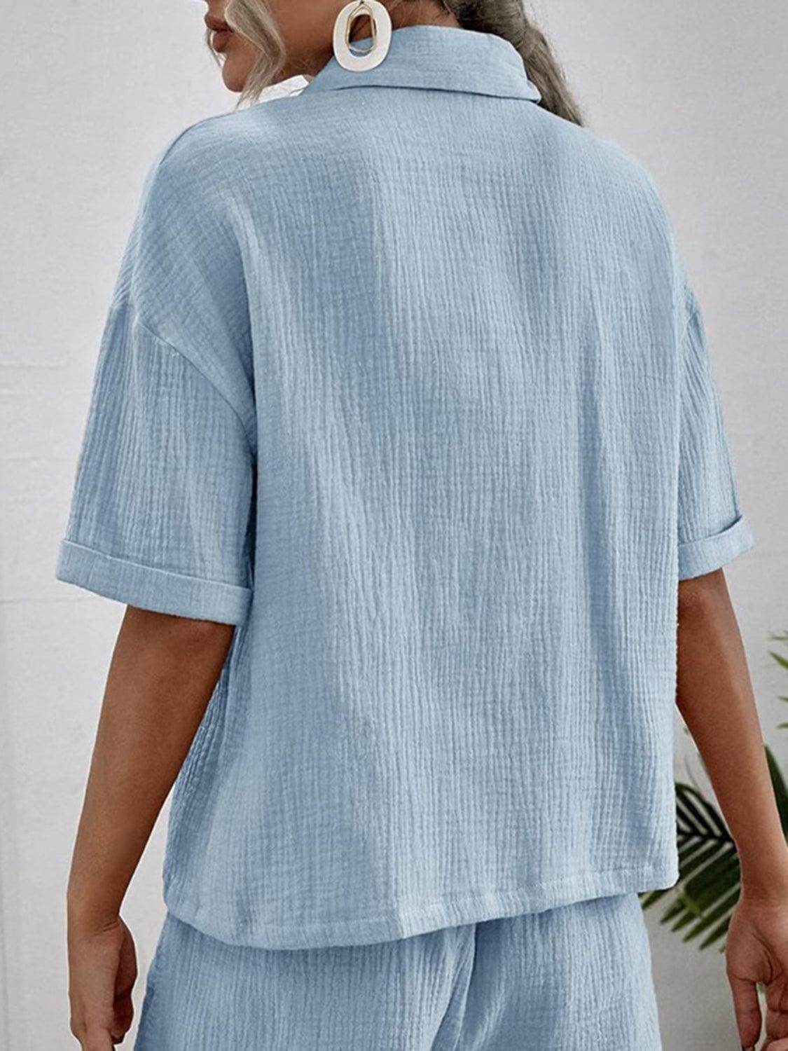 Button Up Short Sleeve Top and Shorts Set for Women - Selvanelle