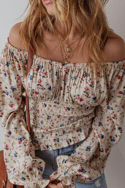 Ruched Printed Scoop Neck Long Sleeve Blouse for Women - Selvanelle