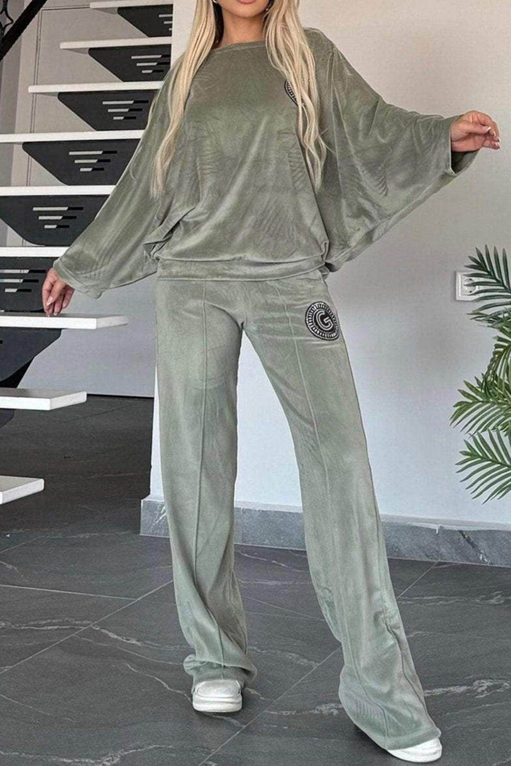 Full Size Boat Neck Long Sleeve Top and Pants Set Outfit - Selvanelle