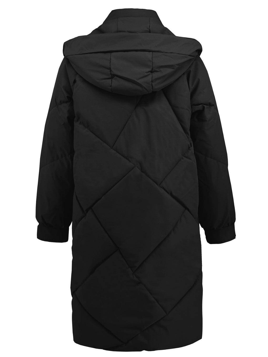Long Sleeve Longline Hooded Winter Coat with Pockets - Selvanelle