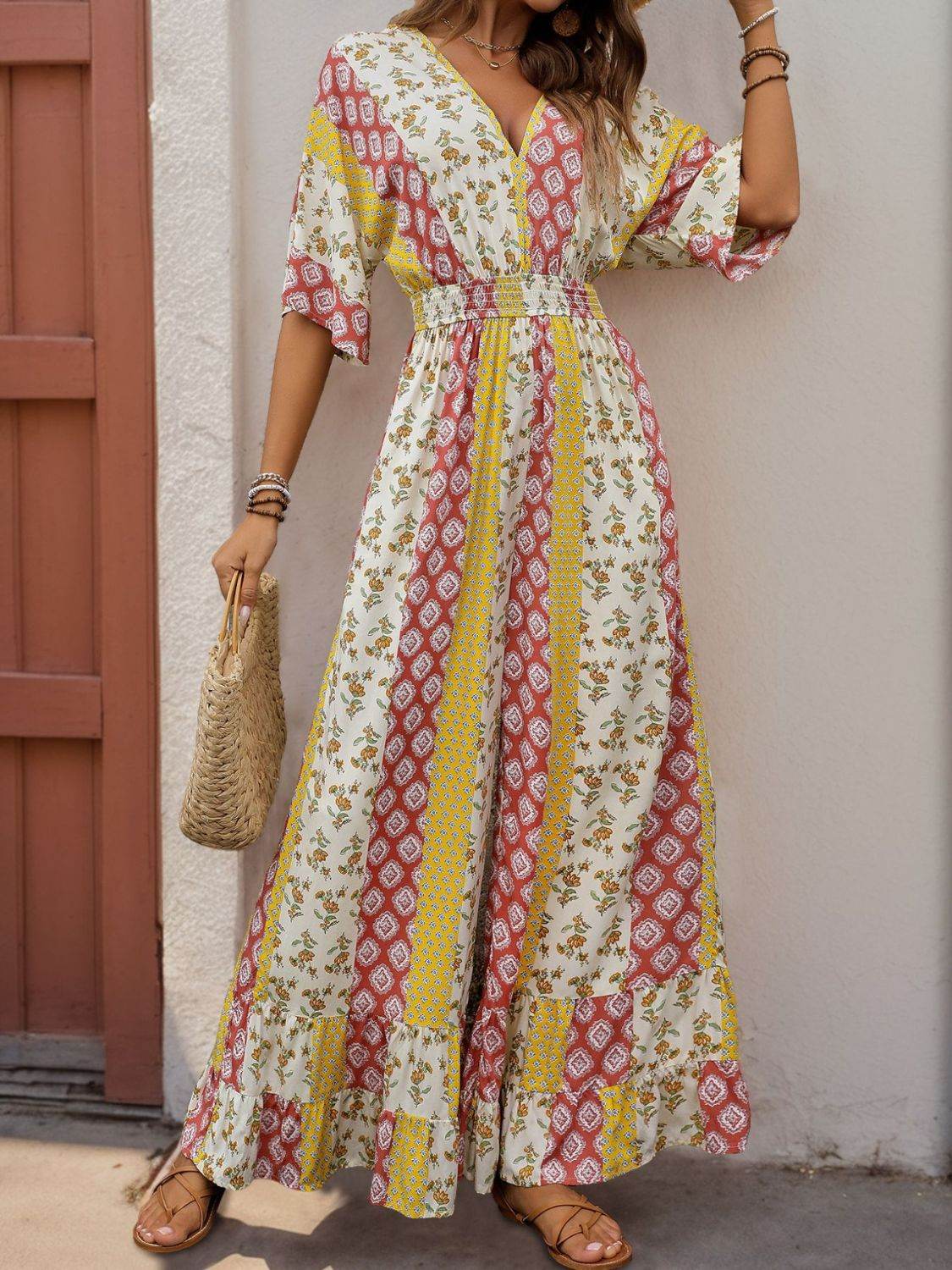 Perfee Ruffled Hem Printed V-Neck Jumpsuit - Selvanelle