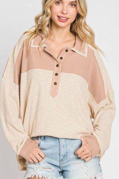 Waffle-Knit Color Block Half Button Long Sleeve Top for Women - Selvanelle