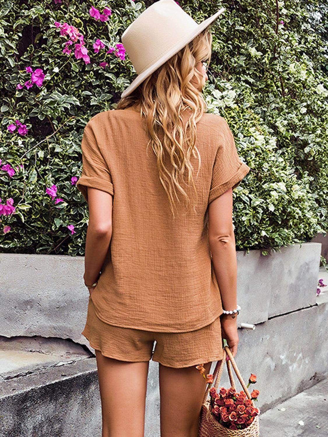Notched Short Sleeve Top and Shorts Set for Women - Selvanelle