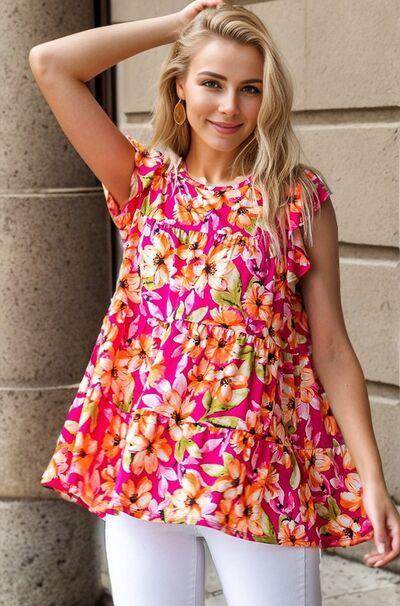 Heimish Full Size Butterfly Sleeve Floral Tiered Top Plus Size - Selvanelle