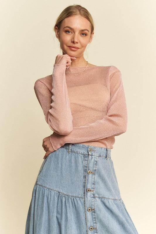 Davi & Dani Glitter Mesh Lettuce Hem Long Sleeve Top Women - Selvanelle