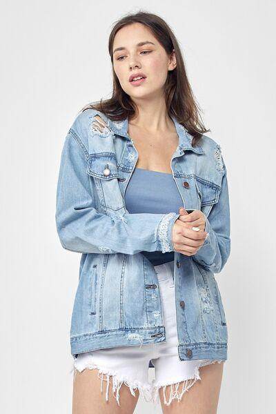 RISEN Full Size Distressed Long Sleeve Denim Jacket Plus Size - Selvanelle