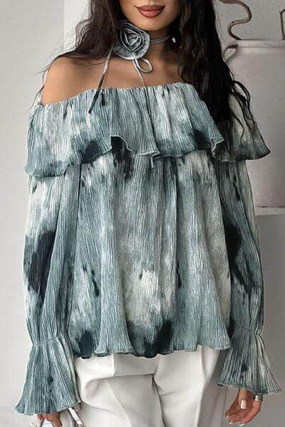 Printed Ruffled Off-Shoulder Blouse with Flower Neck Tie - Selvanelle