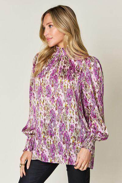 Double Take Full Size Printed Smocked Long Sleeve Blouse - Selvanelle