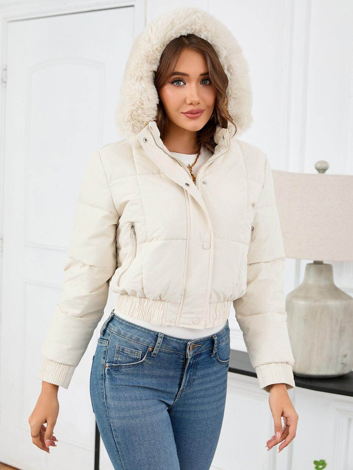 Pocketed Long Sleeve Cropped Hooded Winter Coat for Women - Selvanelle