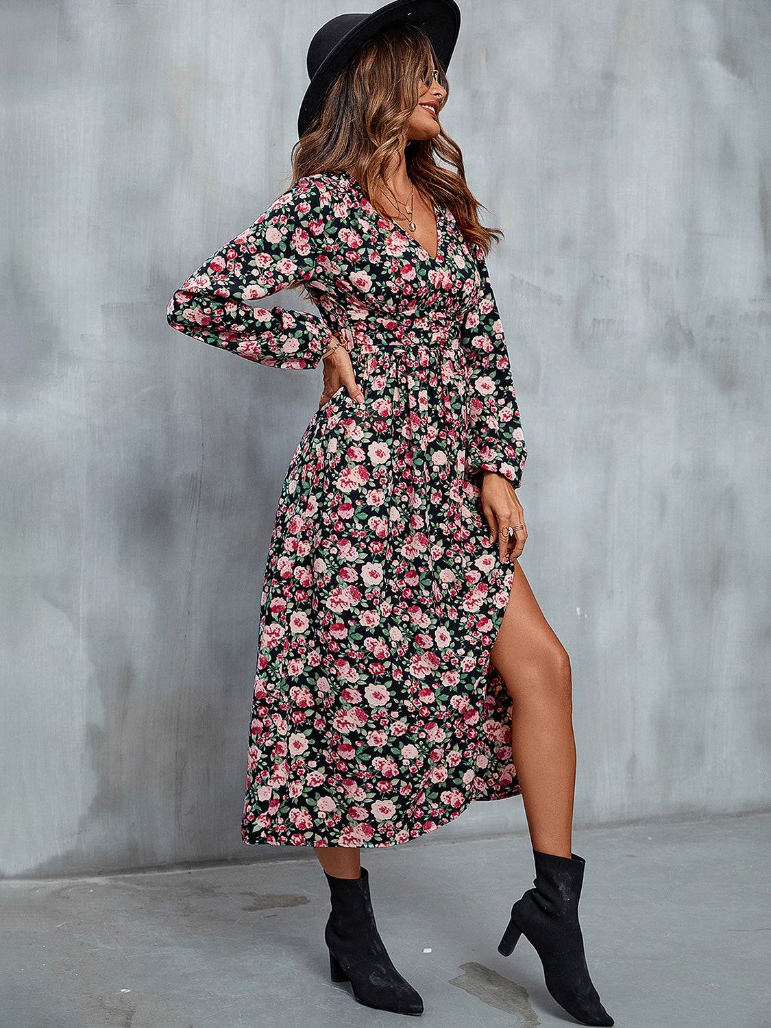 Perfee Floral V-Neck Slit Midi Dress - Selvanelle