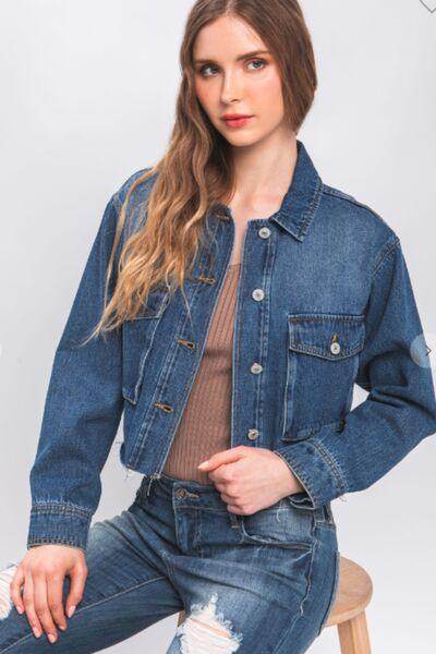 Love Tree Raw Hem Button Up Cropped Denim Jacket for Women - Selvanelle