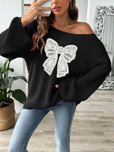 Bow Boat Neck Long Sleeve Sweater for Women Fashion - Selvanelle