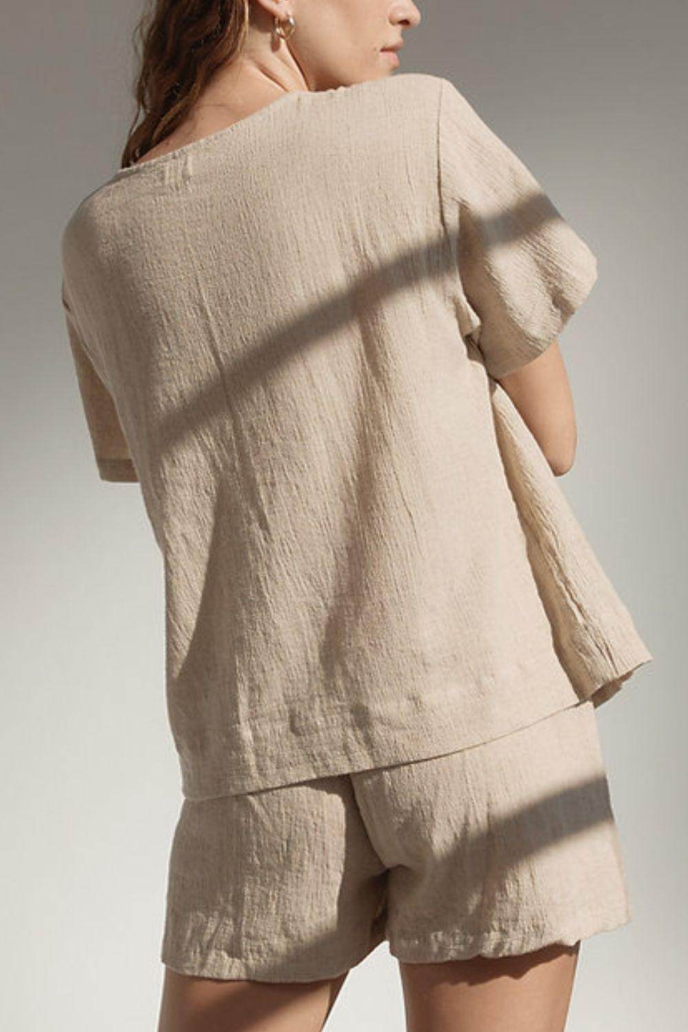 Plaid Tied Scoop Neck Short Sleeve Top and Drawstring Shorts Set - Selvanelle