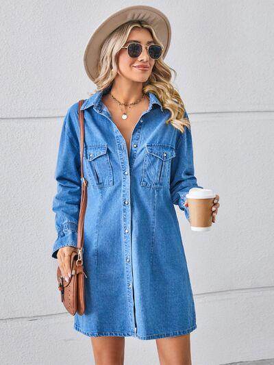 Pocketed Dropped Shoulder Mini Denim Dress for Women - Selvanelle